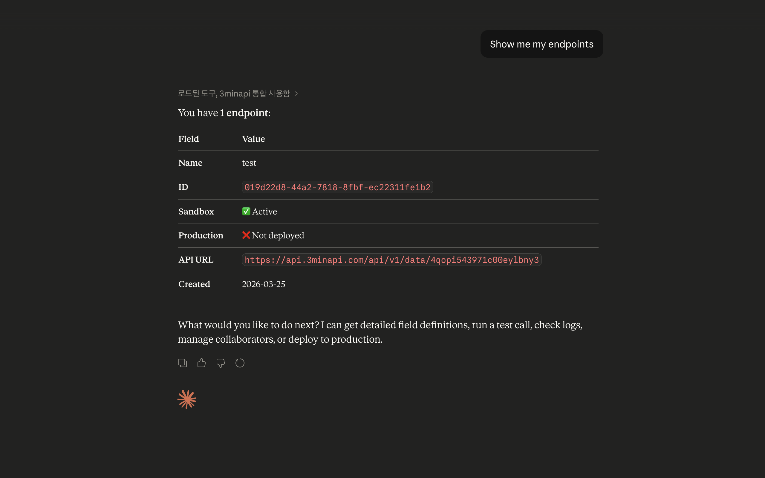 Claude Desktop showing endpoint list after asking show me my endpoints