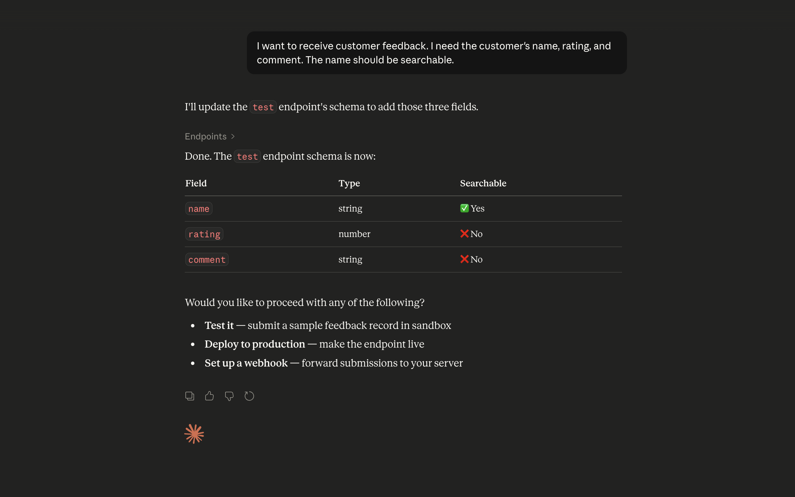 Claude creating a customer feedback endpoint with name rating and comment fields