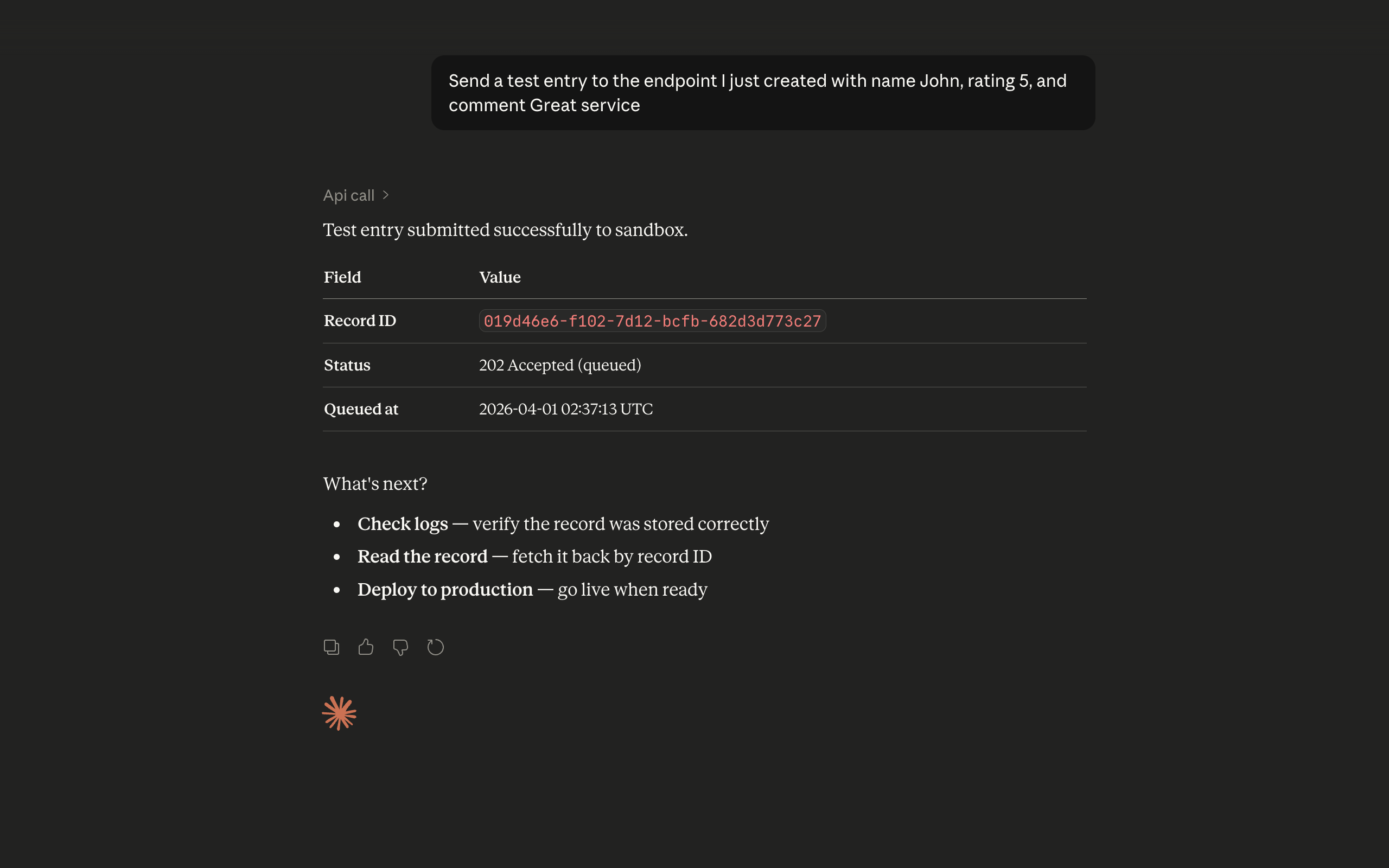 Claude sending a test API call with sample data to the newly created endpoint