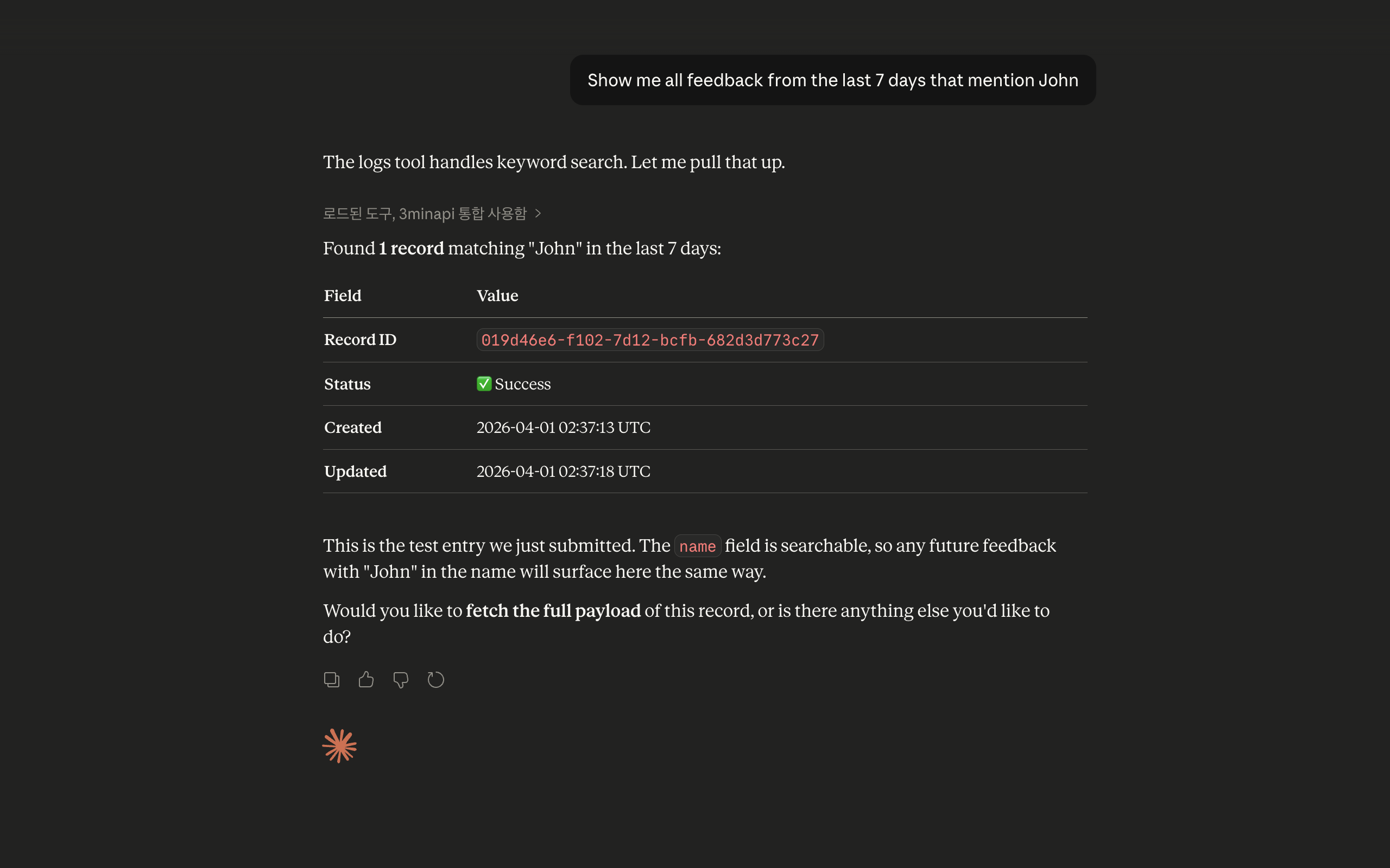 Claude searching API logs filtered by name John from the last 7 days