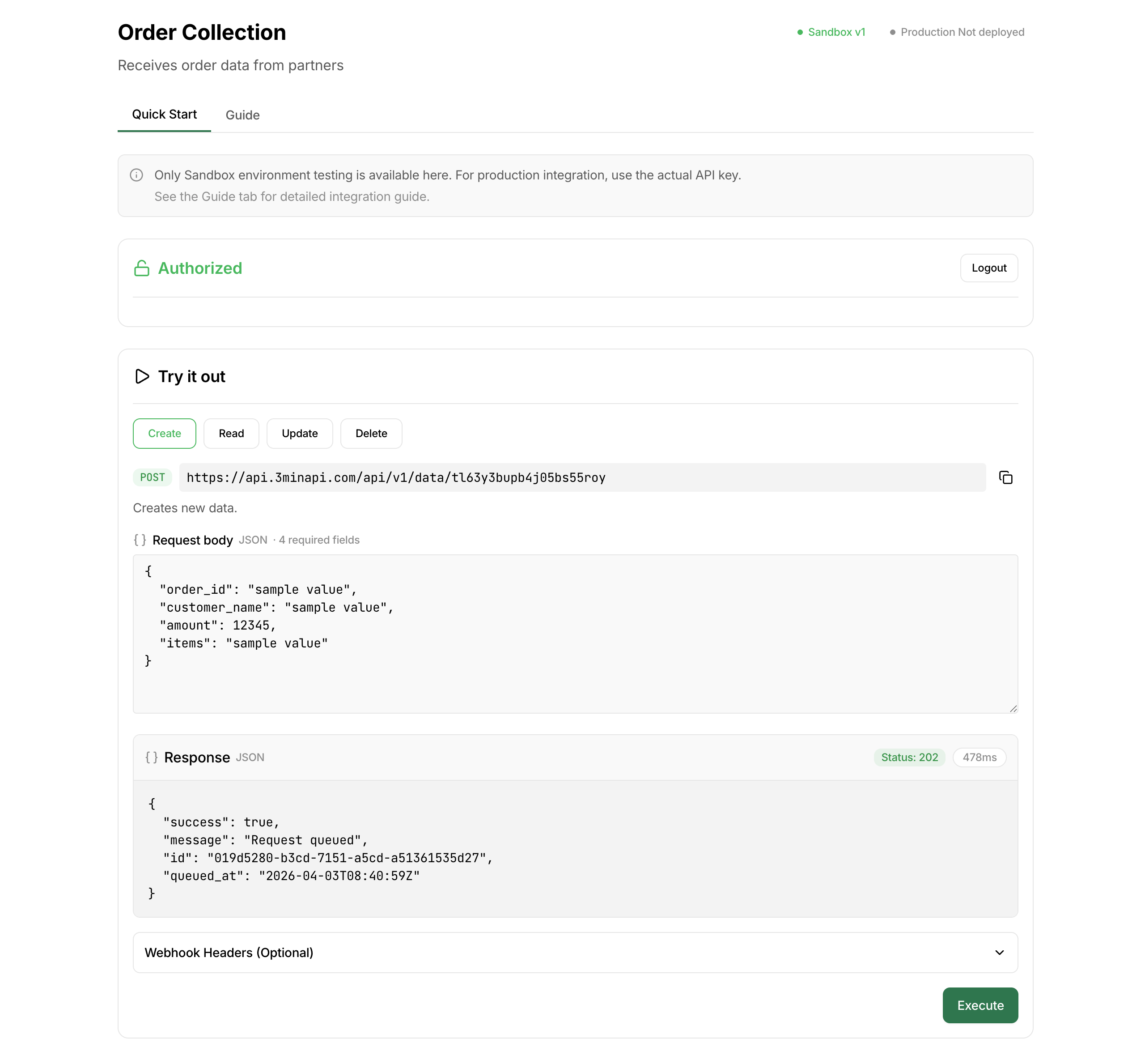 包含 Webhook 投递的成功 API 调用测试，显示 202 响应