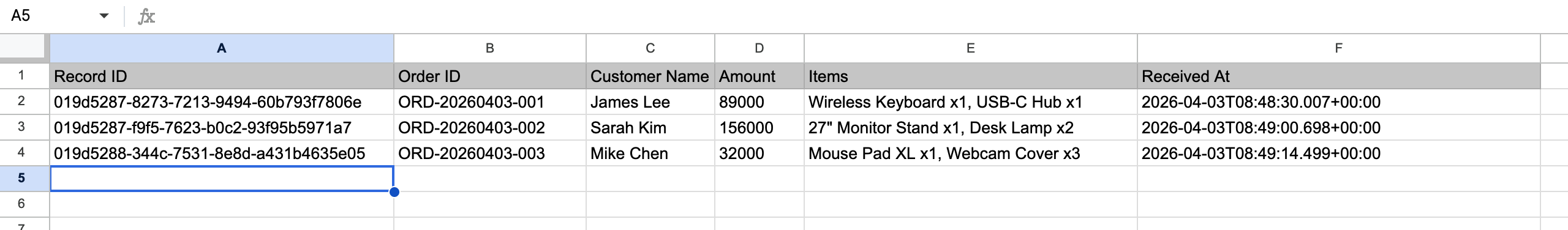 Google Sheets 显示 n8n 工作流自动添加的 3 条订单记录